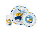 Een set met een bord, kom en beker met Donald Duck print.