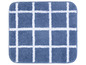 Een blauwe badmat met een wit geruit patroon.
