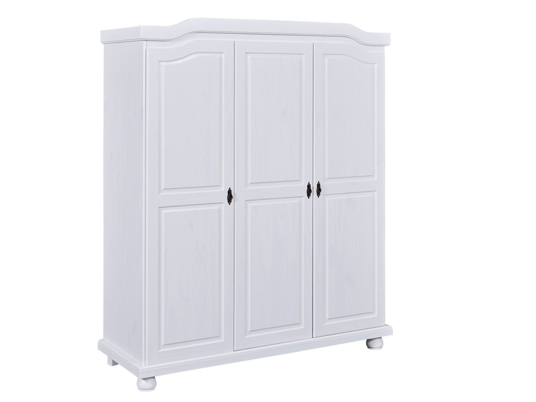 Een witte houten kledingkast met drie deuren.
