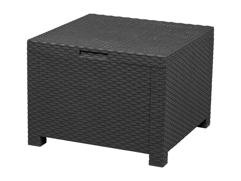 Een zwarte opbergkist met een wicker-look.