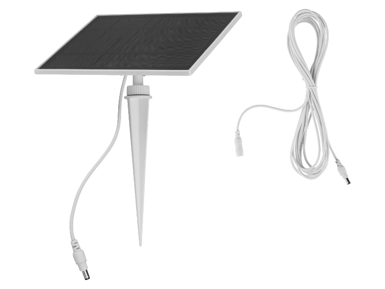 Een zonnepaneel met kabel en connector voor buitengebruik.