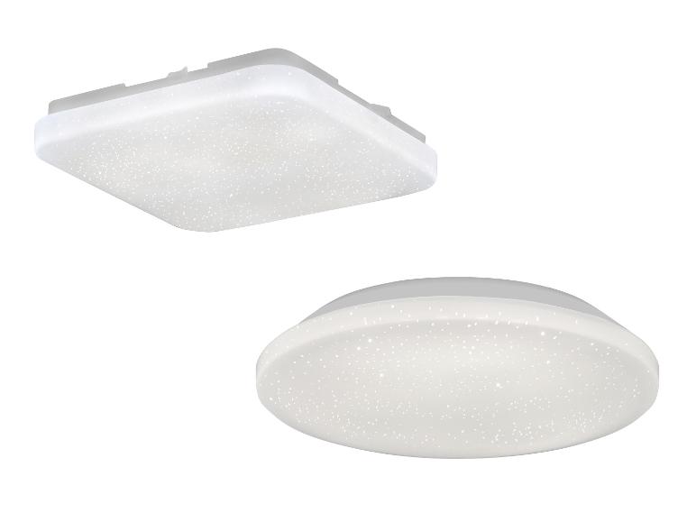 Twee moderne LED-plafondlampen, één vierkant en één rond, met een sterreneffect.