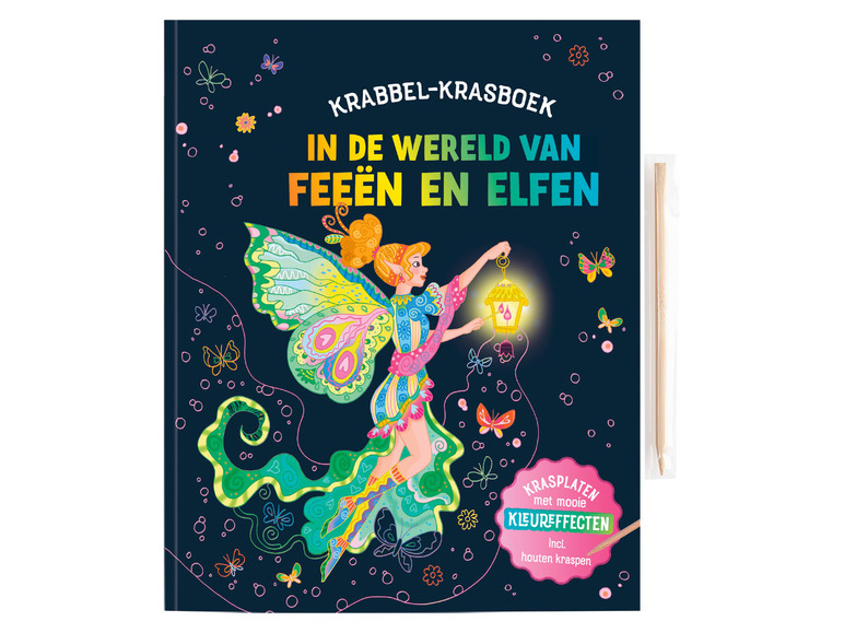 Krabbel-krasboek met feeën en elfen, inclusief houten kraspen.