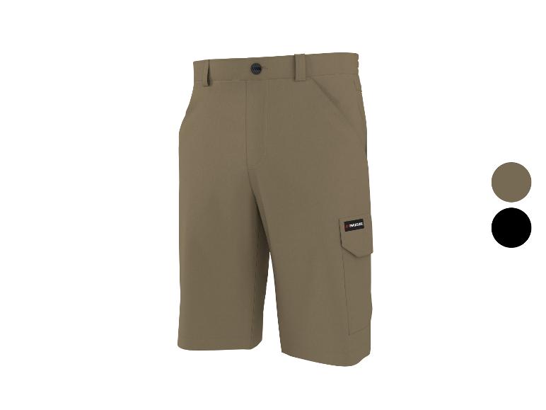 Khaki werkshorts met zijzakken en zwarte details.