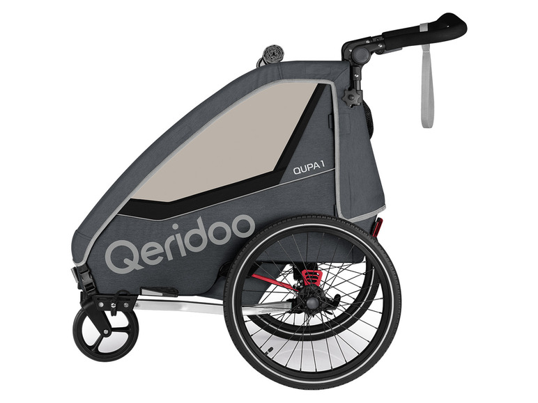 Een grijze Qeridoo QUPA 1 fietskar met grote wielen.