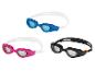 Zwembrillen in drie kleuren: blauw, roze en zwart.