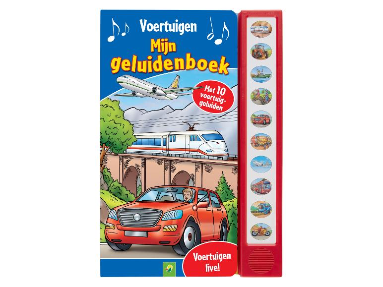 Interactief voertuigen geluidenboek met 10 voertuiggeluiden, met een rode auto op de voorgrond.