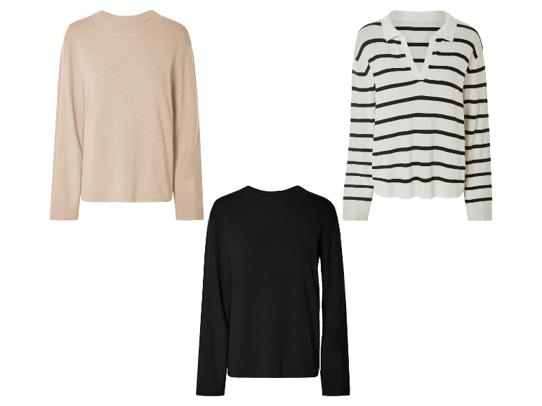 Drie gebreide truien: beige, zwart-wit gestreept en zwart.