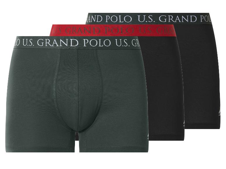 3-pack zwarte, donkergroene en rode boxershorts met U.S. Grand Polo-logo.