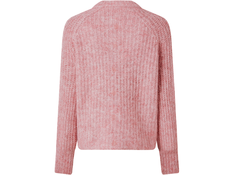 Roze trui met lange mouwen en ronde hals, achteraanzicht.