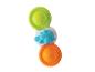 Speelgoedrammelaar met groene, blauwe en oranje ringen met een dinosaurus.