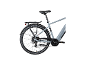 Achterkant van een grijze elektrische fiets met bagagedrager en achterwiel.