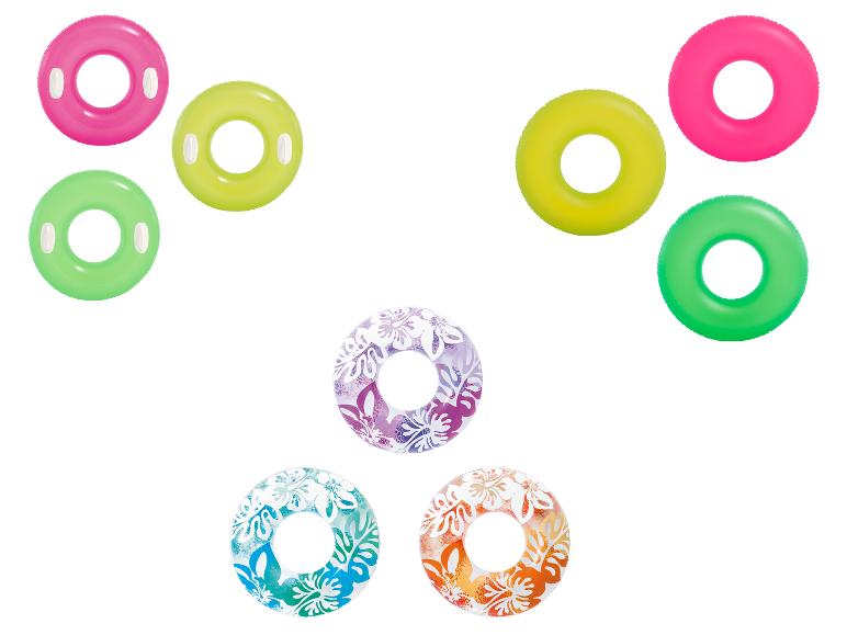 Opblaasbare zwembanden in diverse kleuren en bloemenprint.
