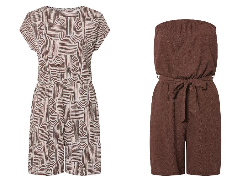 Bruine jumpsuit en jurk met geometrisch patroon.