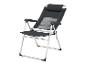 Opvouwbare campingstoel met verstelbare rugleuning en armleuningen, in grijs en zwart.