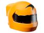 Een oranje racehelm met een zwart vizier en een zwart detail aan de bovenkant.