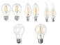 Een selectie van LED-filamentlampen, inclusief standaard, kaars- en vlamvormen.