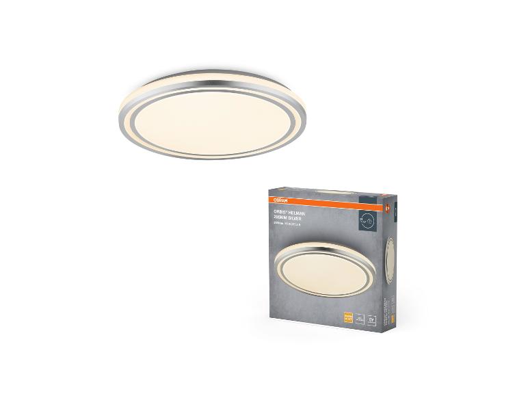 Zilverkleurige plafondlamp met warm licht en de verpakking ervan.