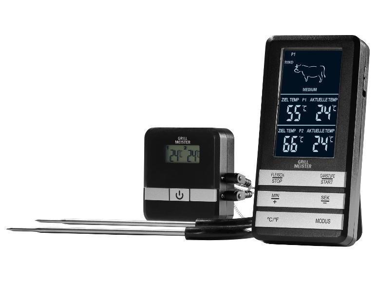 Grill Meister digitale kookthermometer met twee sondes en een LCD-scherm.