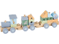 Houten trein met savanne bouwblokken, inclusief een giraffe, zebra en aap.