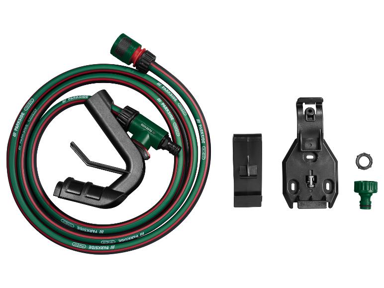 Parkside tuinslang met spuitpistool, muurbeugel en accessoires.