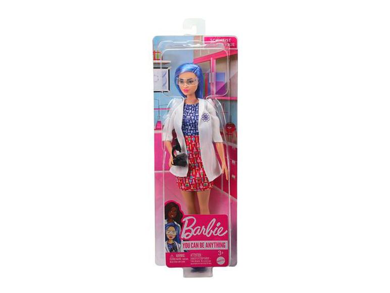 Barbie pop met een witte labjas, blauw haar en veiligheidsbril.