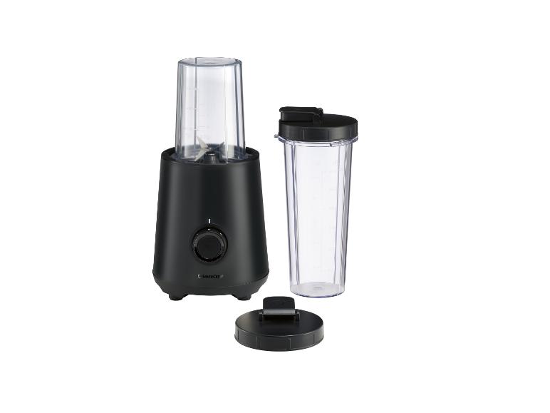 Zwarte blender met transparante beker en deksel.