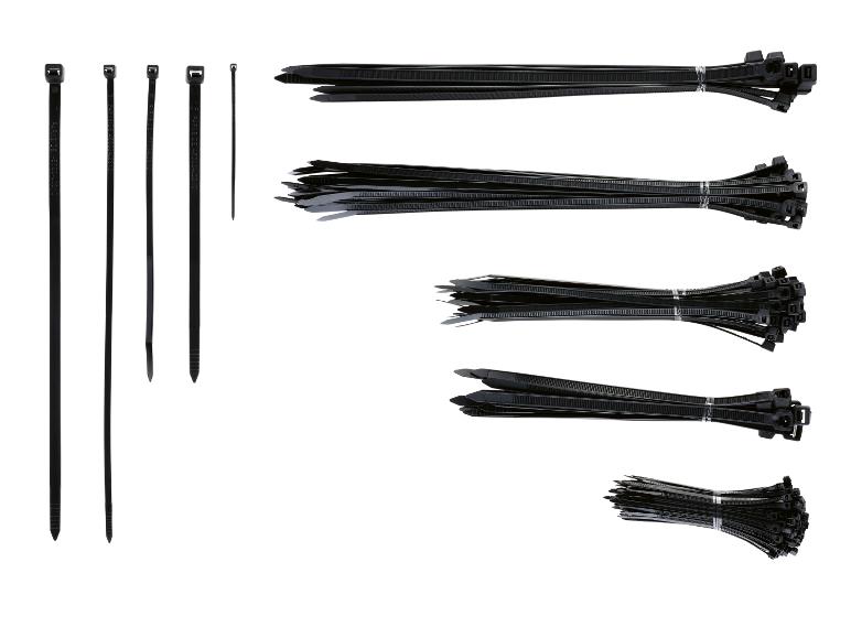 Zwarte plastic kabelbinders in diverse maten, gebundeld en los