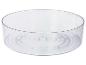 Transparante ronde opbergbak met geribbelde bodem.