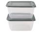 Twee stapelbare opbergcontainers, transparant met grijze deksels.