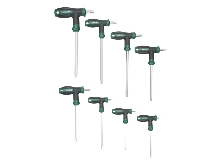 Een set van acht Parkside schroevendraaiers met T-vormige handvatten.