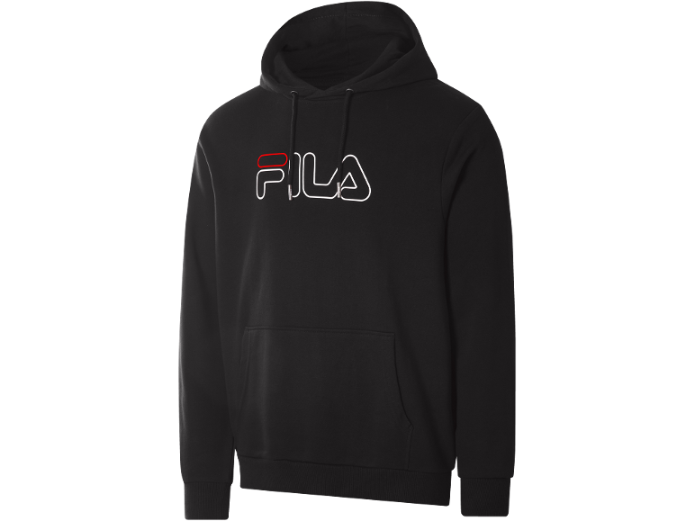 Zwarte hoodie met wit contourlogo op de voorkant.