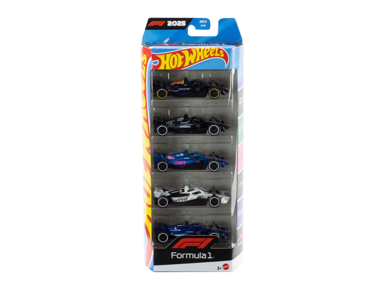 Speelgoedraceautoset met vijf miniatuur Formule 1-voertuigen in een verpakking