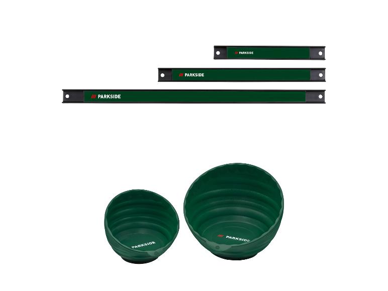 Drie Parkside magneetstrips en twee Parkside opvouwbare kommen, allemaal donkergroen.