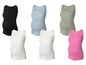 Zwarte, blauwe gestreepte, groene en roze tanktops voor zwangere vrouwen.