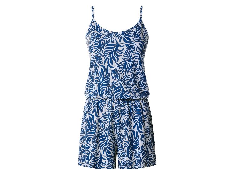 Dames jumpsuit met blauw en wit bladpatroon
