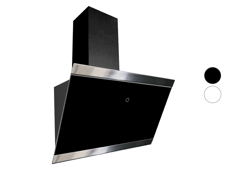 Een zwarte afzuigkap met een zilveren rand.