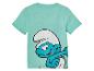 Een lichtblauw T-shirt met een Smurf erop.