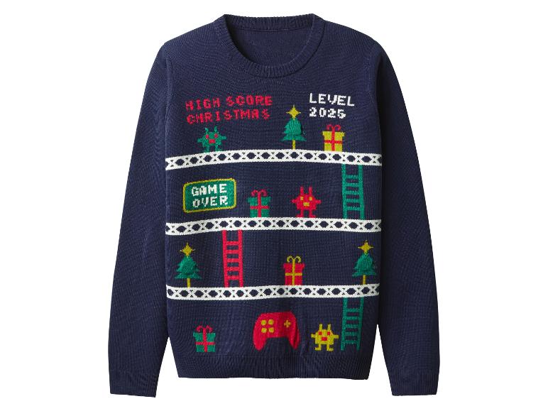 Donkerblauwe kersttrui met een gepixelde videogame-ontwerp met bomen, cadeaus en tekst.