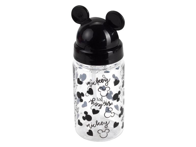 Een doorzichtige waterfles met Mickey Mouse-print.