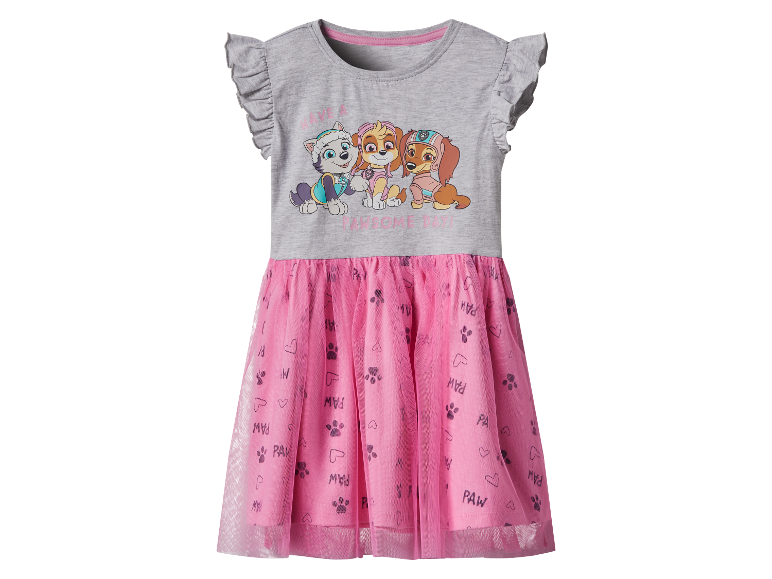 Een grijs en roze Paw Patrol jurkje voor meisjes.