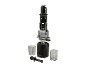 Gedemonteerde zwarte slowjuicer met transparante containers en stamper.