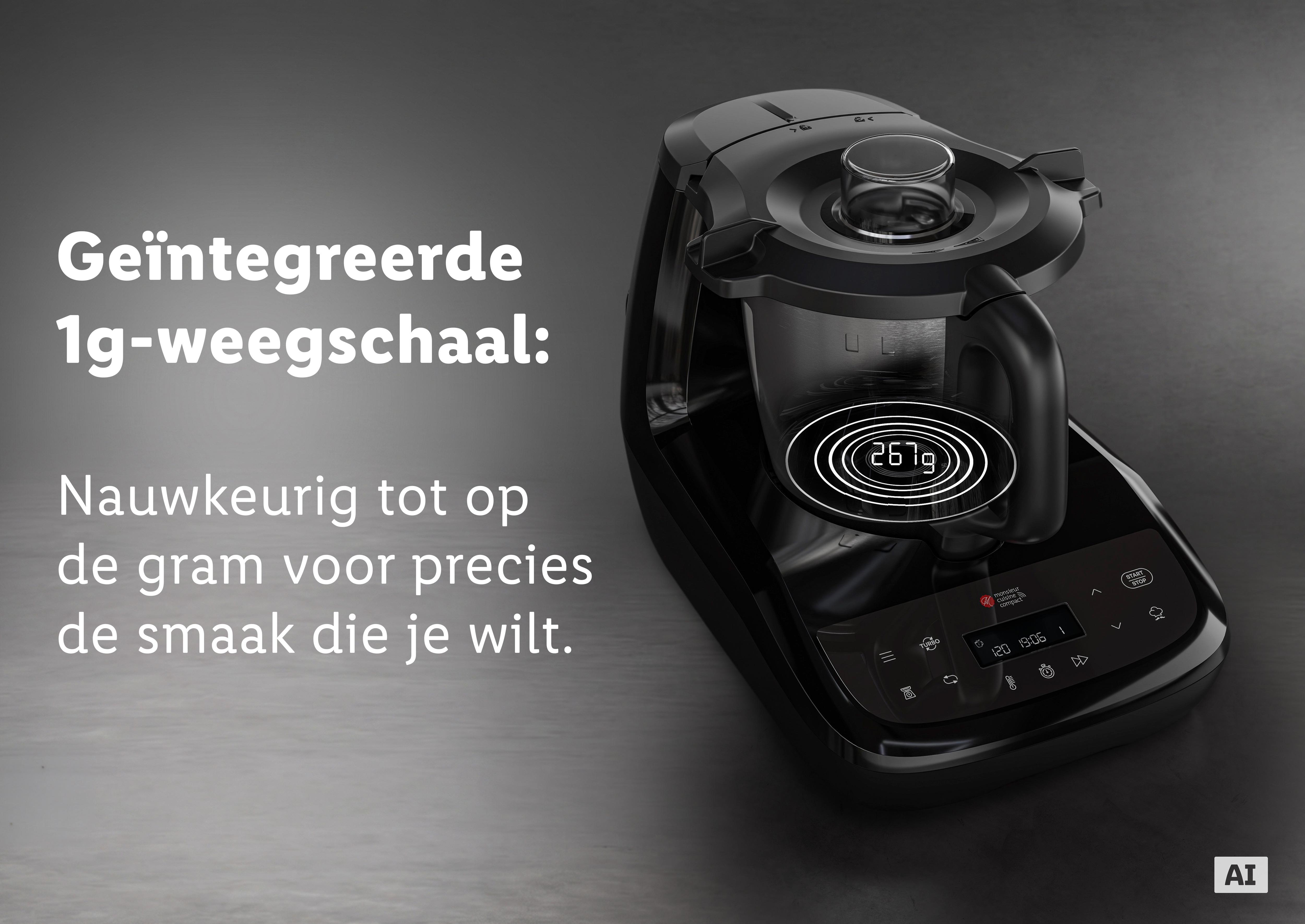 Monsieur Cuisine compact naast een tablet met geopende Monsieur Cuisine app, die Guided Cooking instructies toont. (Met AI-watermerk)