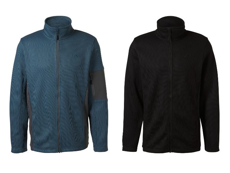Twee heren fleecevesten met volledige rits, één blauwgroen en één zwart, met opstaande kragen.
