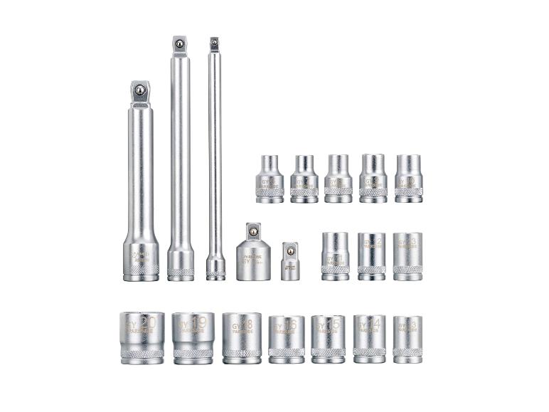 Parkside dopsleutelset met diverse maten doppen en verlengstukken.