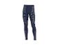 Donkerblauwe sportlegging met grijze strepenpatronen.