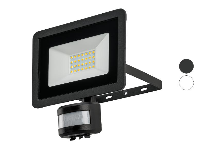 Zwarte LED-schijnwerper met bewegingssensor, zichtbare LED's.