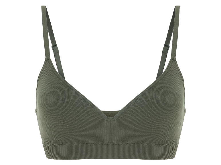 Een olijfgroene geribbelde bralette.