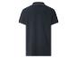 Donkerblauw herenpoloshirt met gestreepte kraag en mouwboorden, achteraanzicht.