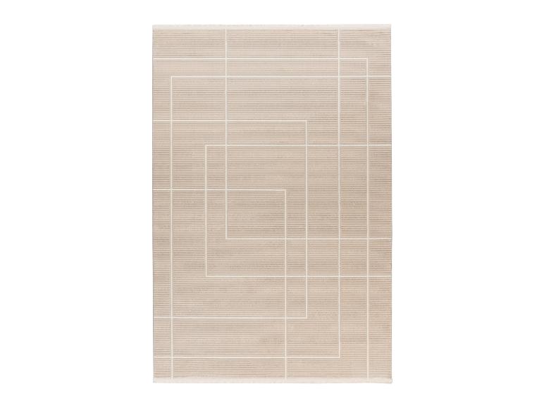 Beige vloerkleed met geometrisch patroon van witte lijnen
